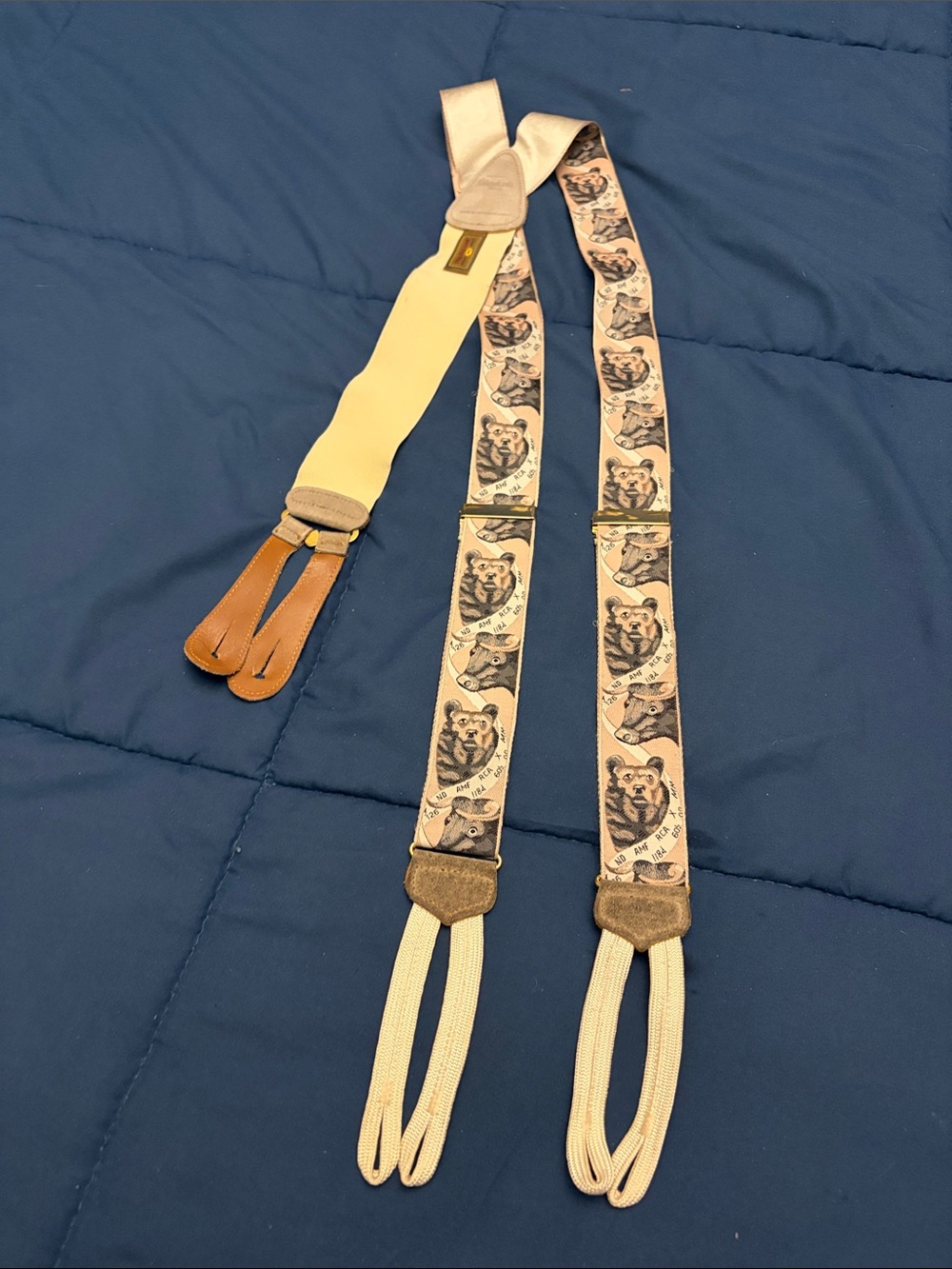 Trafalgar Beige Bear-Print Men's Suspenders with Brown Leather Tabs